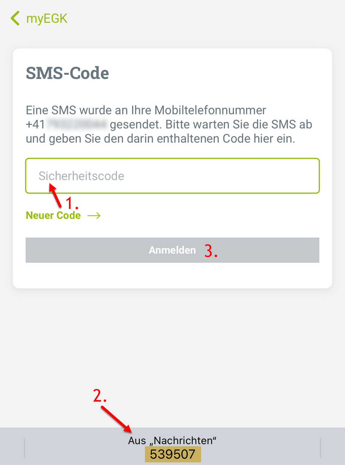 App-myEGK-Ansicht SMS-Code